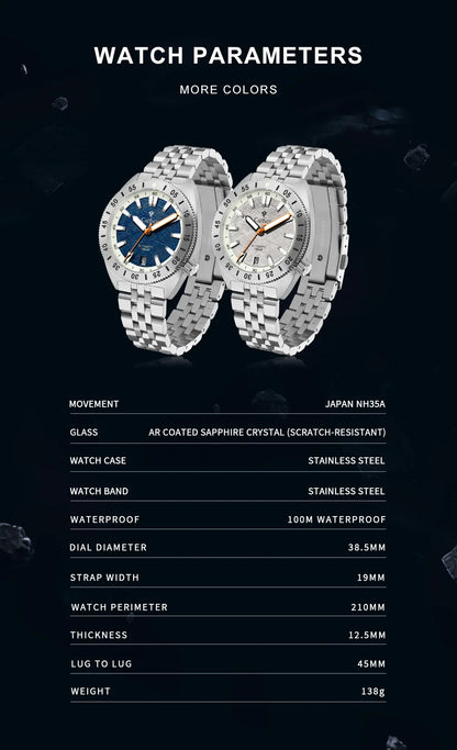 Cadisen C8231 Diver Watch Meteorite Dial 38.5MM 10Bar Miyota 8215 Automatic AR Sapphire