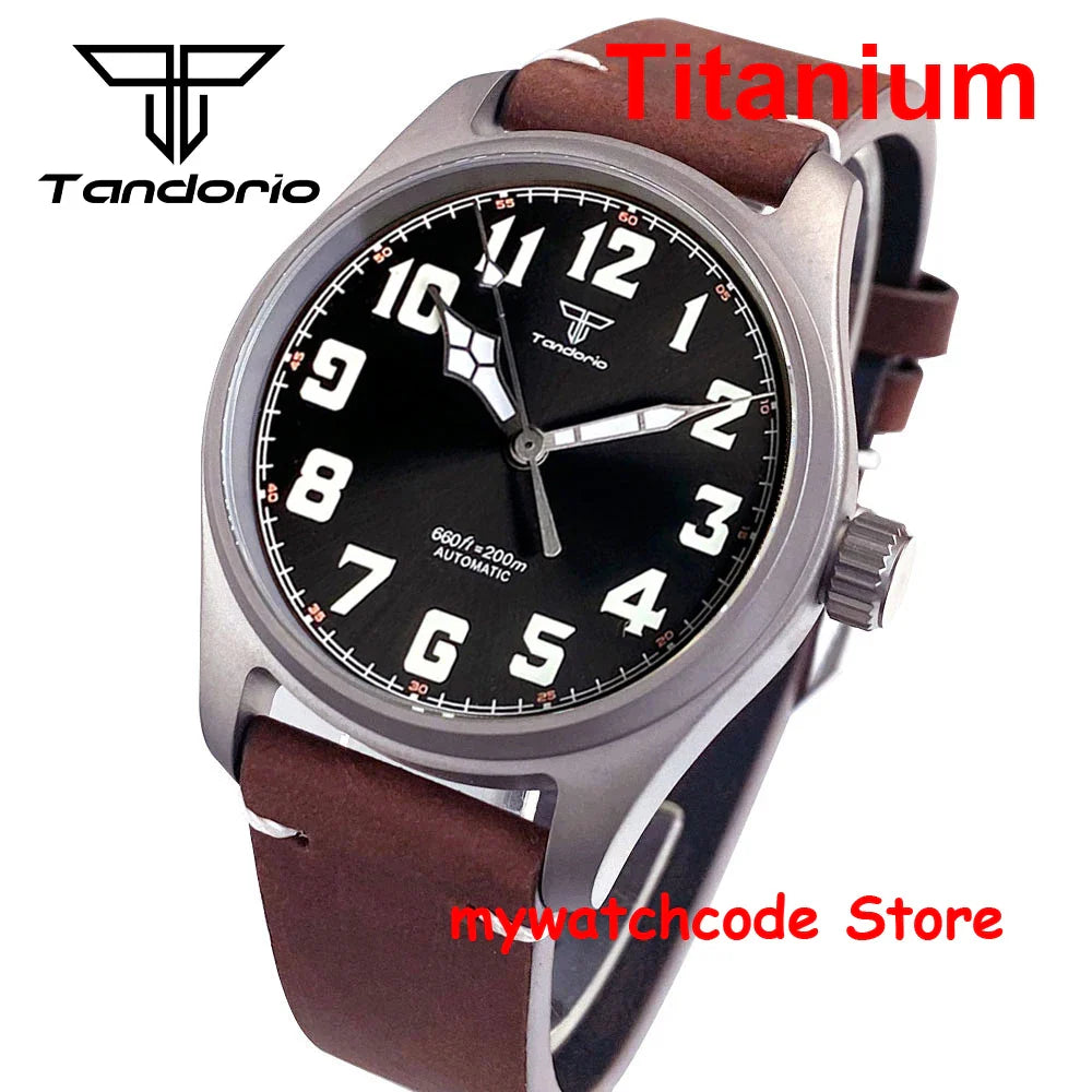 39mm Titanium Pilot Watch Tandorio TD143T Miyota 8215 Movt Automatic Sapphire 20ATM Retro Men Watch
