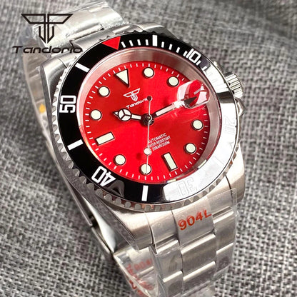 Tandorio Submariner Watch TD203R NH35A Red Sunburst 40mm 200M Diver Rotating Bezel Sapphire