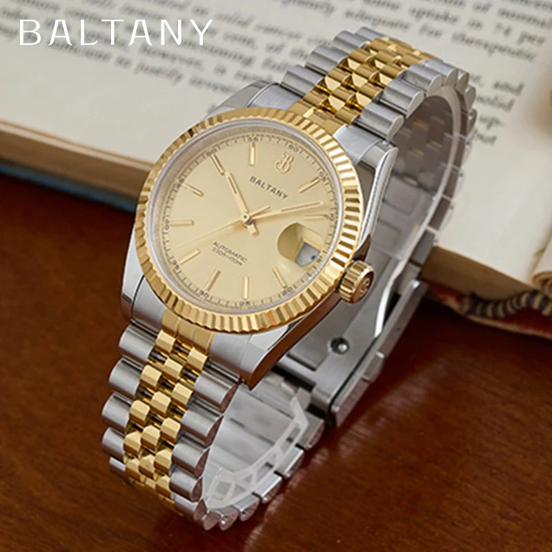 Baltany 36mm Dress Gold Watch S4084 Customizable DateJust  NH35 Automatic  Ar sapphire Swiss Lume Fluted case