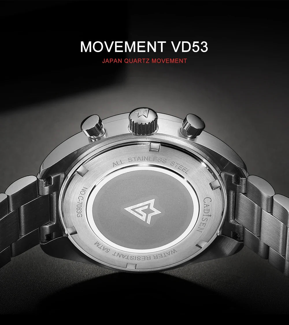 Cadisen C7063 Quartz Chronograph Watch Japan VD53 42MM AR Sapphire 5Bar