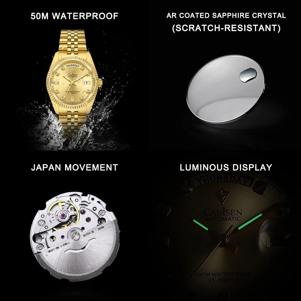 Cadisen C8228 DD38 Watch Diamond Dial MIYOTA 8285 AR Sapphire Crystal luminous 38MM 5Bar