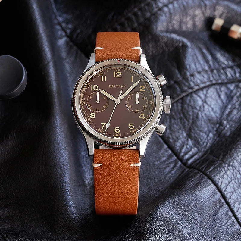 Baltany Military Chronograph Man S5054 Retro Style Quartz Watch Leather Strap Sapphire Glass 5ATM Waterproof Multifunction Watch