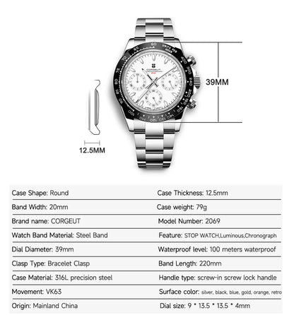 Corgeut 2069 Chronograph watch Panda Daytona 24 hours VK63 Quartz Hardlex 10Bar 39MM