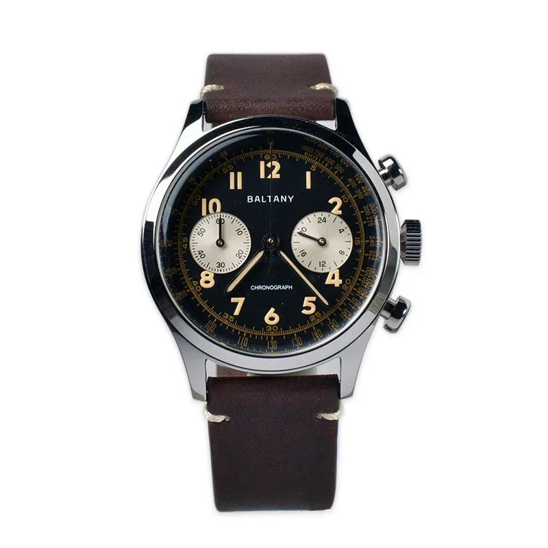 Baltany S5034 Quartz Chronograph Wristwatches 39mm Sapphire Crystal Panda Dial StainlessSteel Retro Super Luminous Vintage Watch