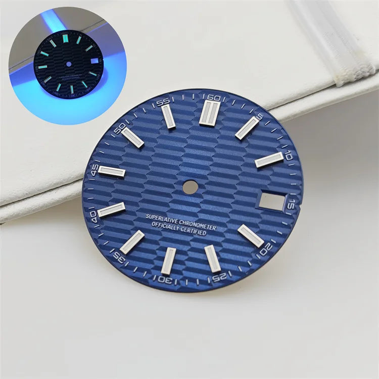 28.5mm Watch Dial Metallic Texture Surface DIY Log Dial BGW9 Blue Green Luminous Watch Faces Watch Accessories for NH35 Movement
