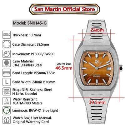 San Martin Dress Watch SN0145 39.5mm Tonneau Luxury Mineral Dial  PT5000 SW200 Automatic AR Sapphire Luminous