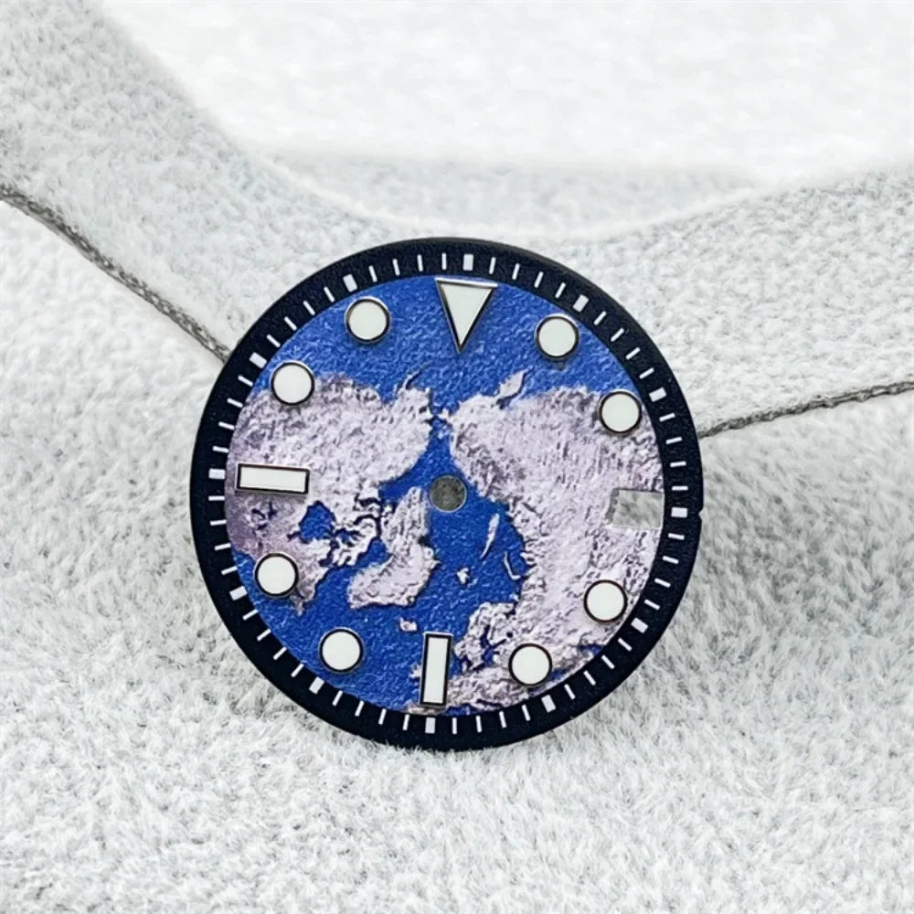 28.5mm Watch Dial DIY Earth Surface with Green Luminous Single Calendar Window Watch Faces Watch Accessories for NH35 Movement