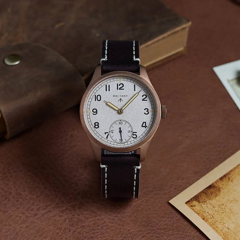 Baltany Vintage Dirty Dozen Wristwatches Golden Hands Seagull ST3620 Luminous 5ATM Leather Automatic Retro D12 Bronze Watches
