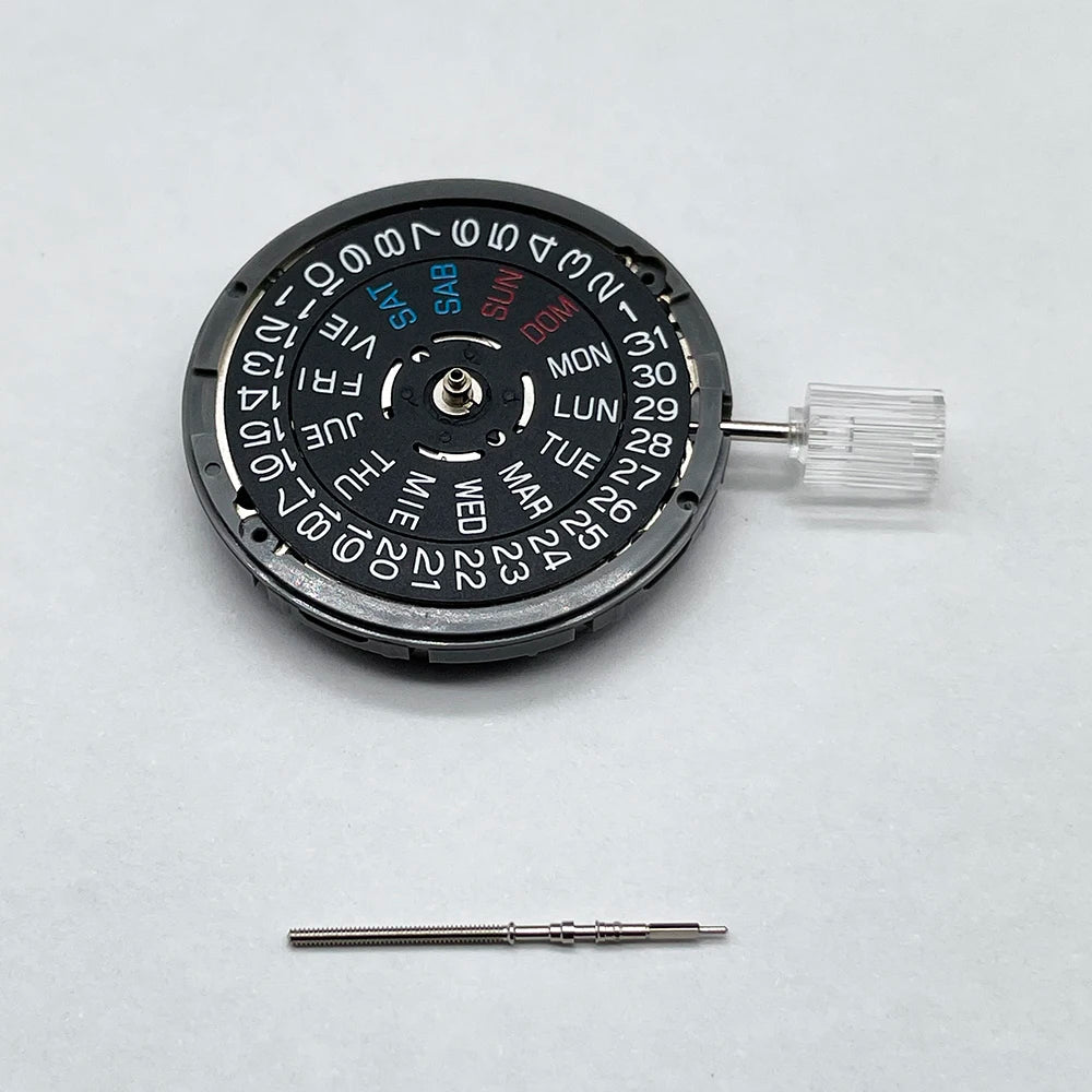 Japan Genuine NH36 Movement English-Spanish Datewheel Crown at 3.0/3.8 O'clock Mod NH36A Day-Date at 3:00 Black/White Disc 4R36A