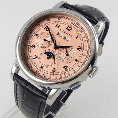 Corgeut Moon Phase Watch 42mm Seagull St1655 Automatic Day Date Month Calendar Glass Back 42MM 3ATM