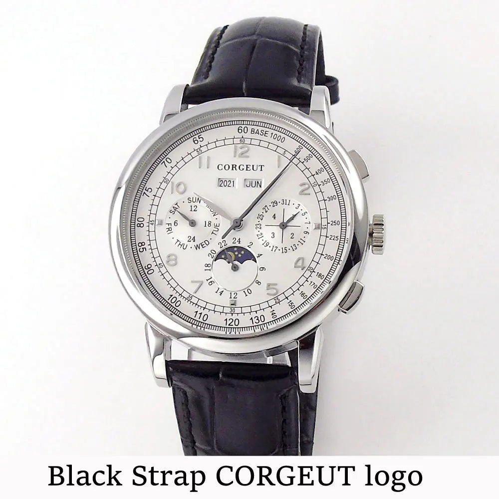 Corgeut Moon Phase Watch 42mm Seagull St1655 Automatic Day Date Month Calendar Glass Back 42MM 3ATM