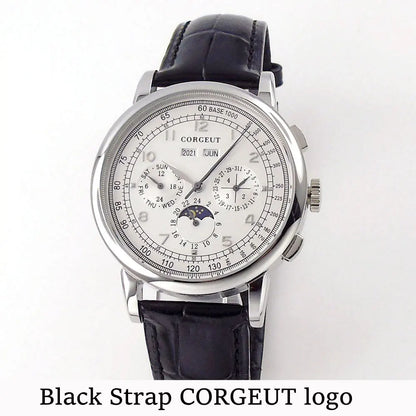Corgeut Moon Phase Watch 42mm Seagull St1655 Automatic Day Date Month Calendar Glass Back 42MM 3ATM