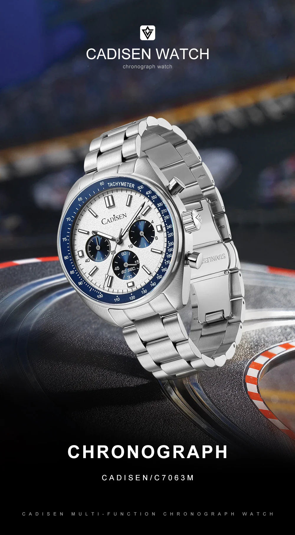 Cadisen C7063 Quartz Chronograph Watch Japan VD53 42MM AR Sapphire 5Bar