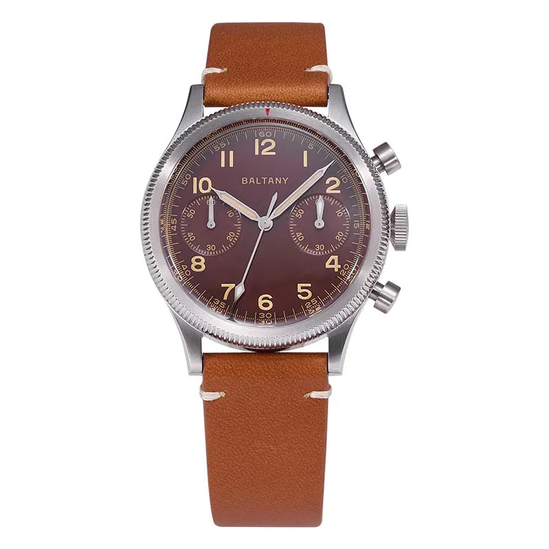 Baltany Military Chronograph Man S5054 Retro Style Quartz Watch Leather Strap Sapphire Glass 5ATM Waterproof Multifunction Watch