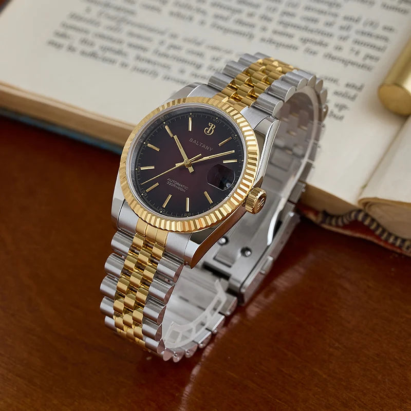 Baltany 36mm Dress Gold Watch S4084 Customizable DateJust  NH35 Automatic  Ar sapphire Swiss Lume Fluted case