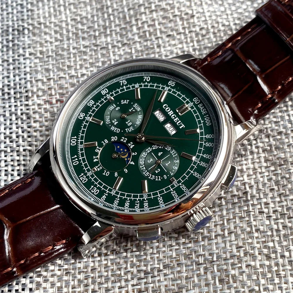 Corgeut Moon Phase Watch 42mm Seagull St1655 Automatic Day Date Month Calendar Glass Back 42MM 3ATM