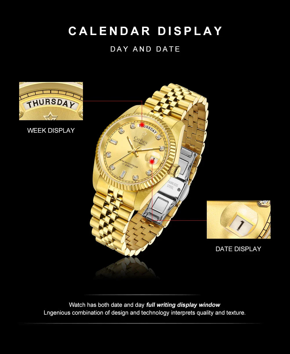 Cadisen C8228 DD38 Watch Diamond Dial MIYOTA 8285 AR Sapphire Crystal luminous 38MM 5Bar