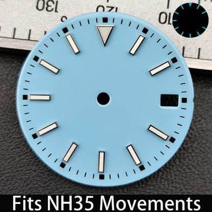 28.5mm Dial single/no calendar watch blue-green/green luminous dial hands fit for N H35/E2815/E2836 movement watch accessories