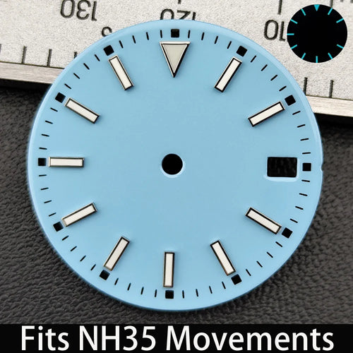 28.5mm Dial single/no calendar watch blue-green/green luminous dial hands fit for N H35/E2815/E2836 movement watch accessories