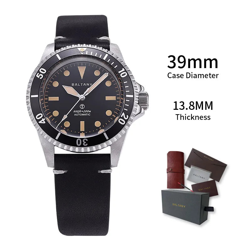 Baltany S3075 Vintage MilSubmariner Watch Rotation Bezel Brushed Bracelect Luminou Leather Sapphire Stainless Steel Dive Watches