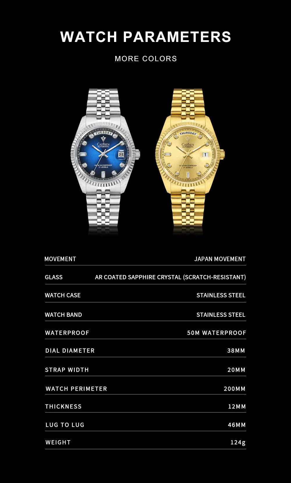 Cadisen C8228 DD38 Watch Diamond Dial MIYOTA 8285 AR Sapphire Crystal luminous 38MM 5Bar