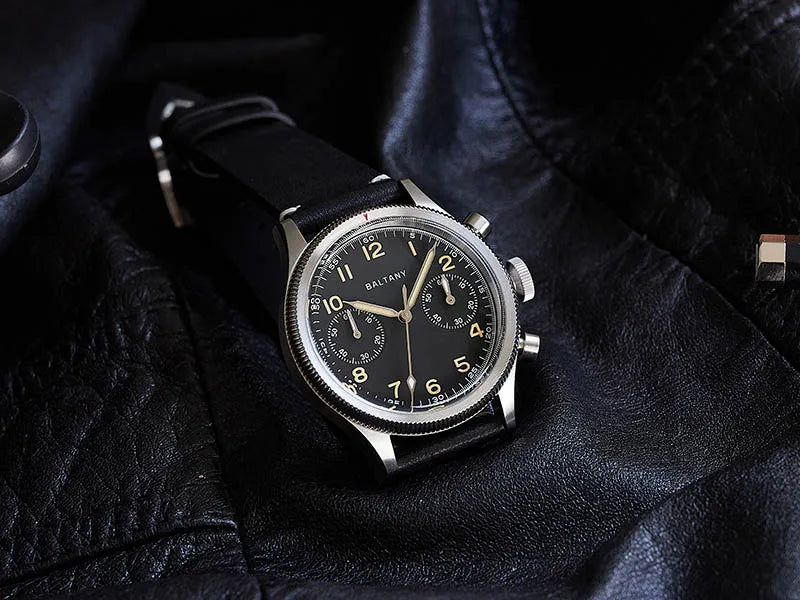 Baltany Military Chronograph Man S5054 Retro Style Quartz Watch Leather Strap Sapphire Glass 5ATM Waterproof Multifunction Watch