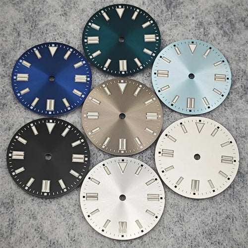 28.5mm Watch Dial Sunray Texture Dial Double Strips Nails Green Luminous Watch Faces for NH35/ 8215/ 2813/ 2836 Movements