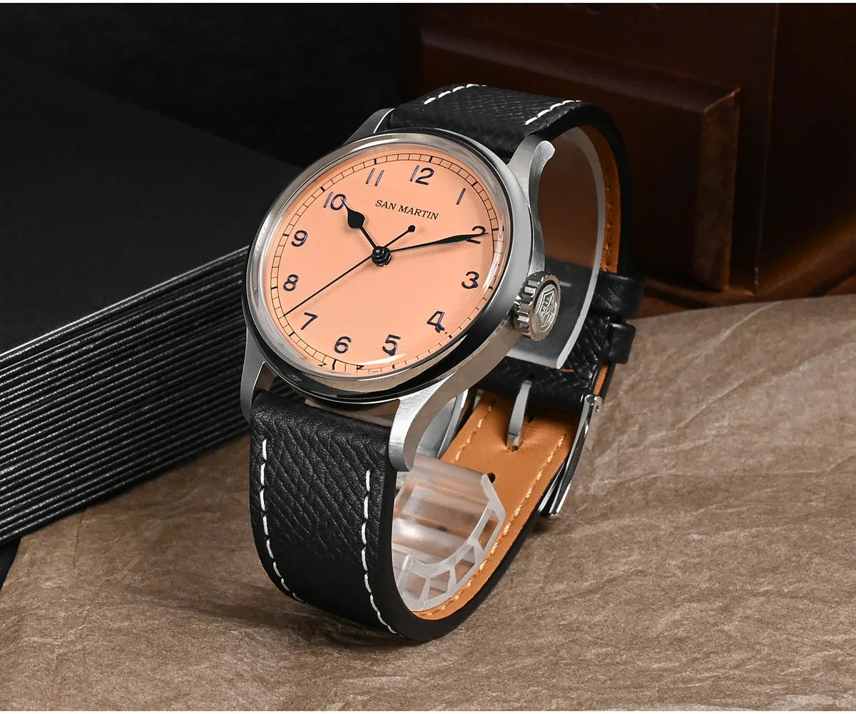 San Martin 38.5mm Men's Mechanical Watch NH35 Vintage Pilot Simple Fashion Wristwatch Baked Varnish Blue Hands 10 Bar Clock