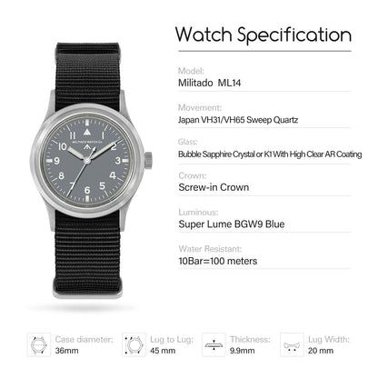 Militado ML14 Watch VH31/VH65 Swept Quartz Movement Watch K1 Crystal Night Light 100 Meter Waterproof Stainless Steel Watches