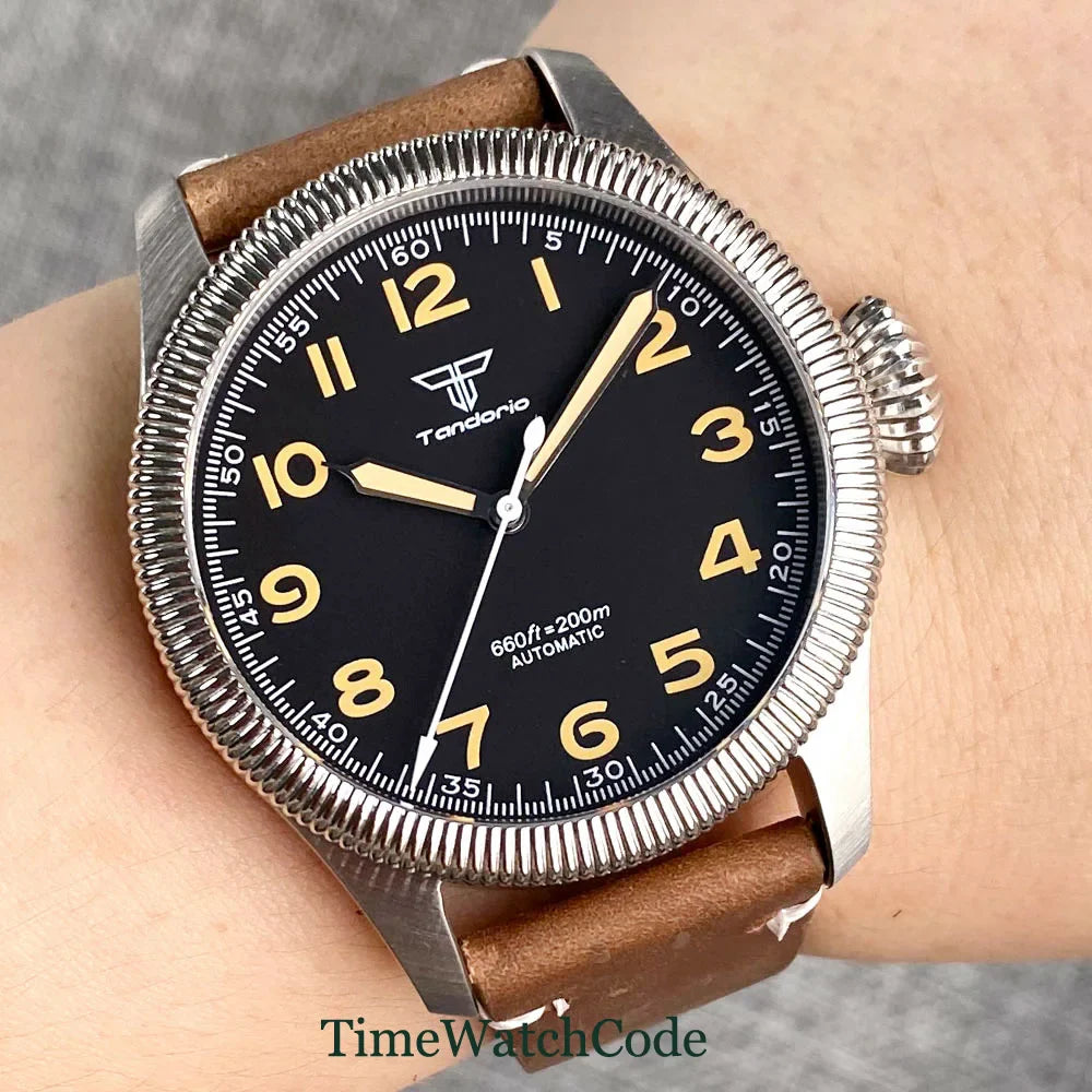 Tandorio Fluted Pilot Watch TD117A 20BAR  NH35 PT5000 Roman Numerals Sapphire 39mm