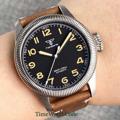Tandorio Fluted Pilot Watch TD117A 20BAR  NH35 PT5000 Roman Numerals Sapphire 39mm
