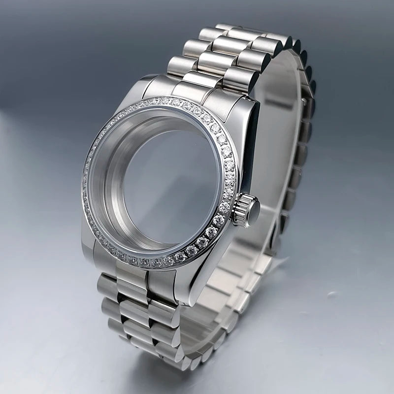 36mm/39mm NH35 Case President Jubile Strap Diamond Bezel Sapphire Glass Mod For NH35 NH36 Movement Watch Case Accessories Parts