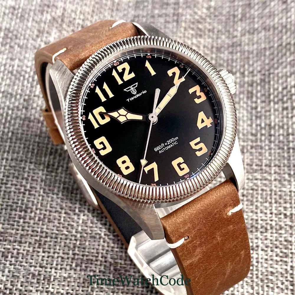 Tandorio Fluted Pilot Watch TD117A 20BAR  NH35 PT5000 Roman Numerals Sapphire 39mm