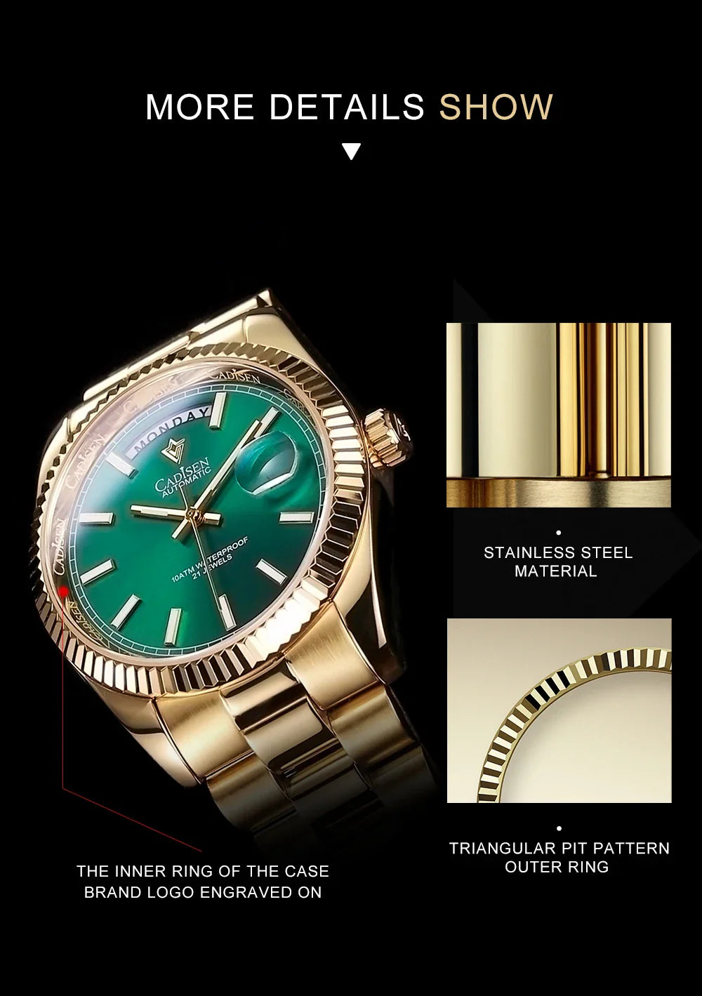 CADISEN C8215 DD40 Watches Day-Date AR Sapphir 10Bar MIYOTA 8285 Movt 40MM