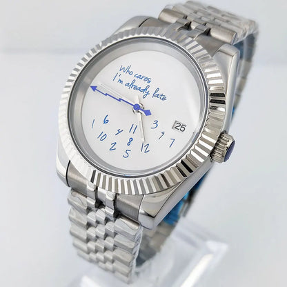DateJust Seiko NH35 watch "Who Cares I'm already Late" dial customized logo 39mm/36mm  Glass Back Sapphire 10bar
