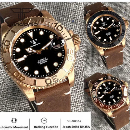 Tandorio TD232B Solid CUSN8 Bronze Watch NH35A PT500040mm Sapphire Submariner Yachtmaster