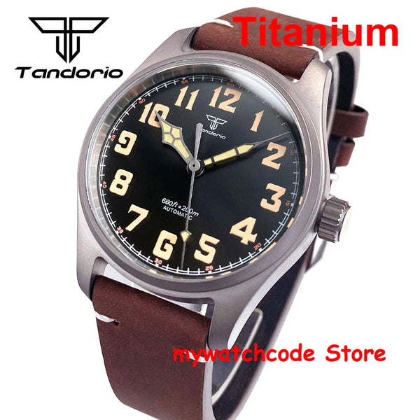 39mm Titanium Pilot Watch Tandorio TD143T Miyota 8215 Movt Automatic Sapphire 20ATM Retro Men Watch