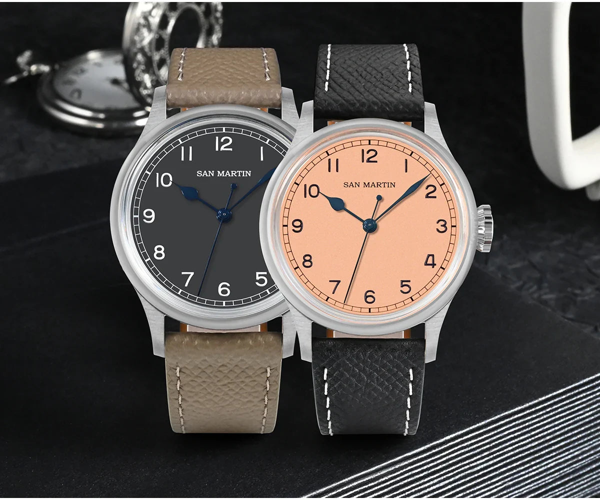 San Martin 38.5mm Men's Mechanical Watch NH35 Vintage Pilot Simple Fashion Wristwatch Baked Varnish Blue Hands 10 Bar Clock
