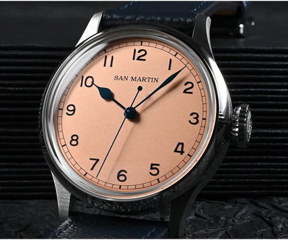 San Martin 38.5mm Men's Mechanical Watch NH35 Vintage Pilot Simple Fashion Wristwatch Baked Varnish Blue Hands 10 Bar Clock