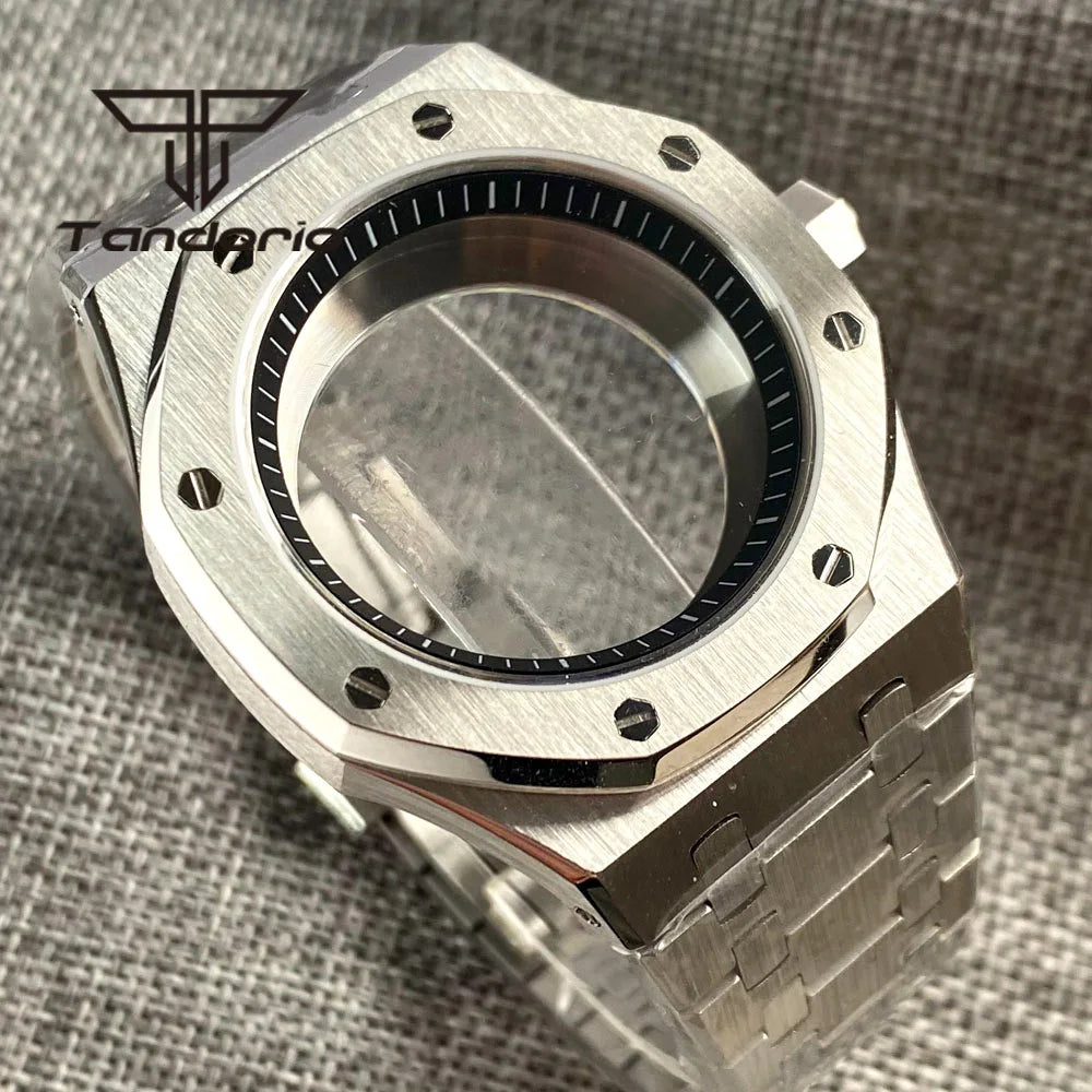 42mm Royal Oak AP Case Stainless Steel Brushed Octagon Watch Case Bracelet Glass Back Chapter Ring Sapphire Glass Fit NH35 NH36 Automatic Movement