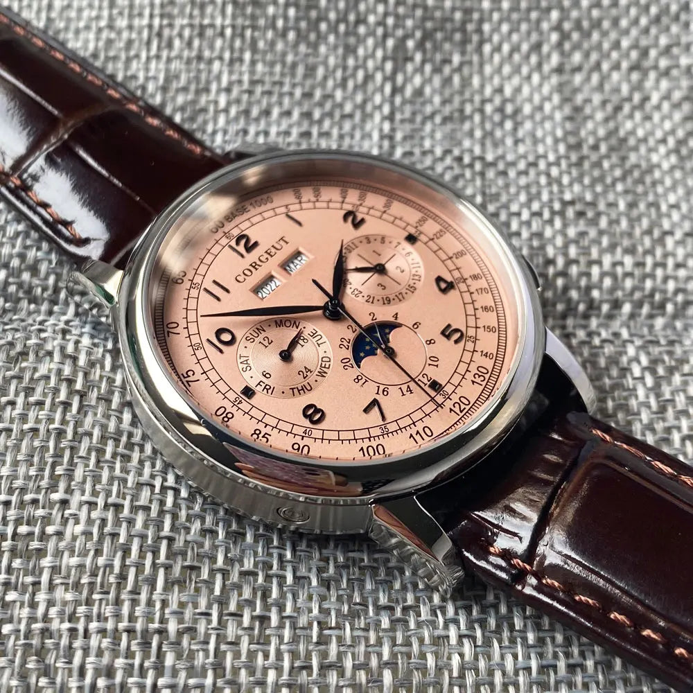 Corgeut Moon Phase Watch 42mm Seagull St1655 Automatic Day Date Month Calendar Glass Back 42MM 3ATM