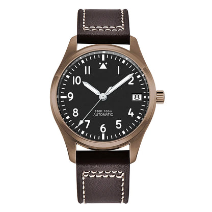 PVD Pilot Watch Sterile for Custom logo 39MM Sapphire 10Bar NH35 automatic glass back