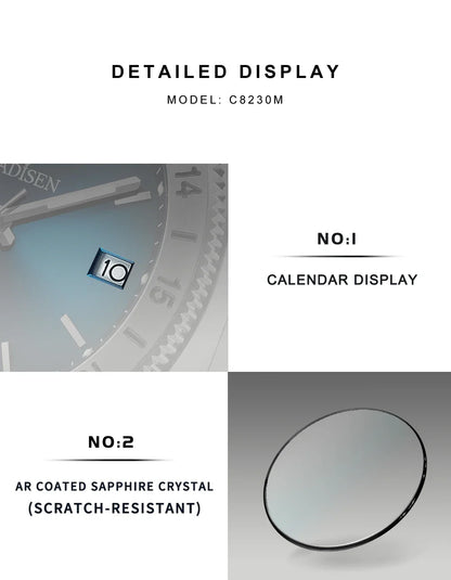 CADISEN C8230 Dive Watch Miyota 8215 Luminous Stainless steel AR Coating Sapphire 39MM 10Bar