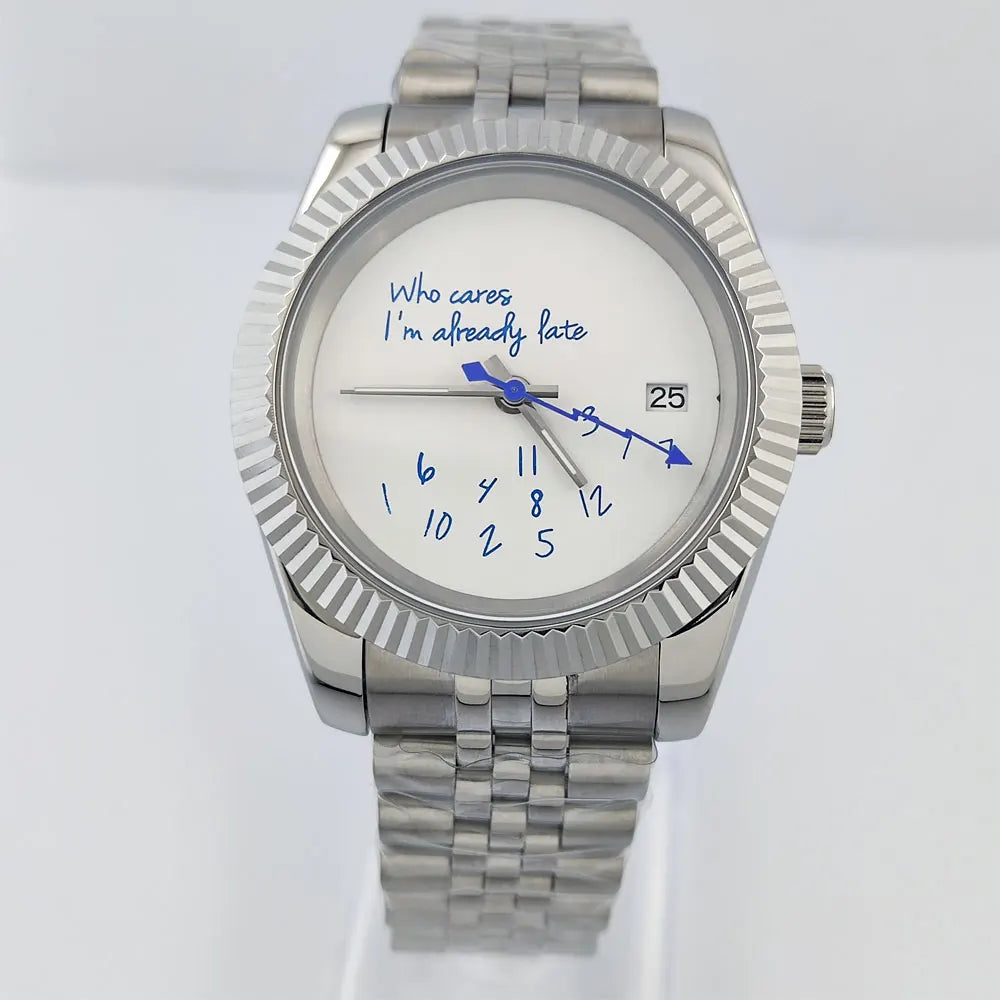 DateJust Seiko NH35 watch "Who Cares I'm already Late" dial customized logo 39mm/36mm  Glass Back Sapphire 10bar