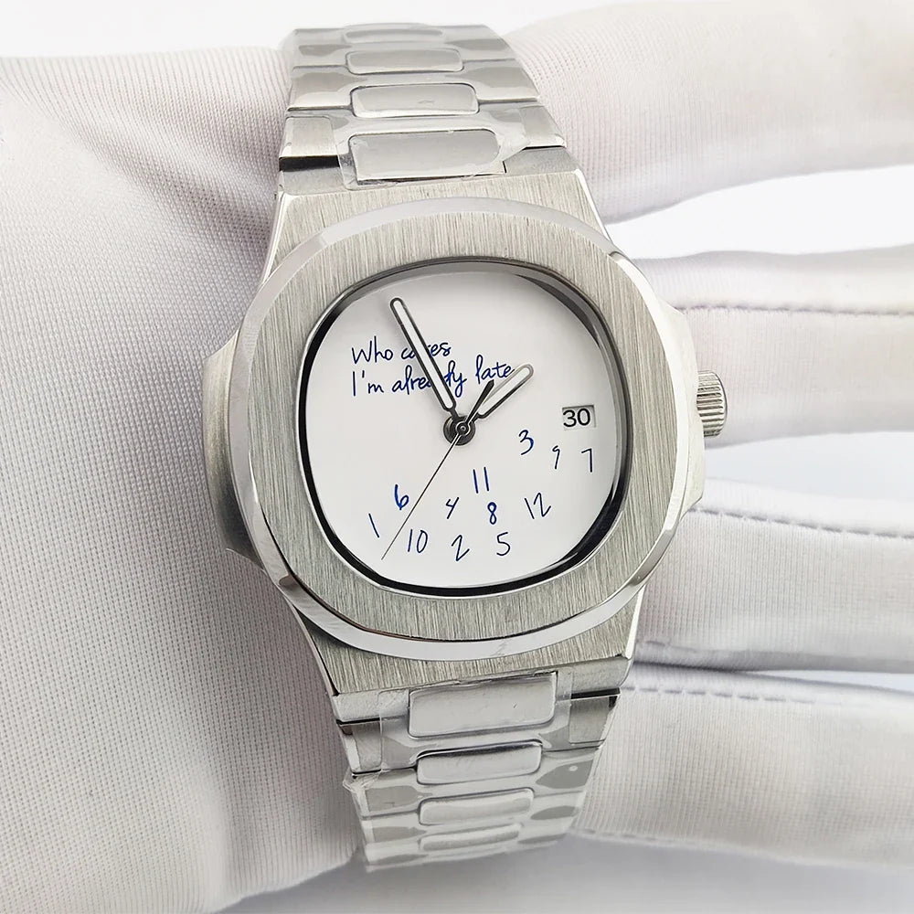 Special dial Nautilus Watch 41mm NH35 who cares i'm already late Sapphire 10Bar Dress Glass back