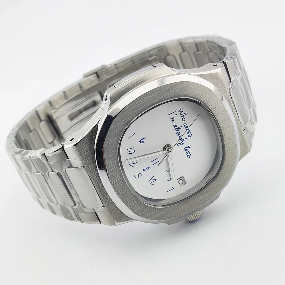 Special dial Nautilus Watch 41mm NH35 who cares i'm already late Sapphire 10Bar Dress Glass back