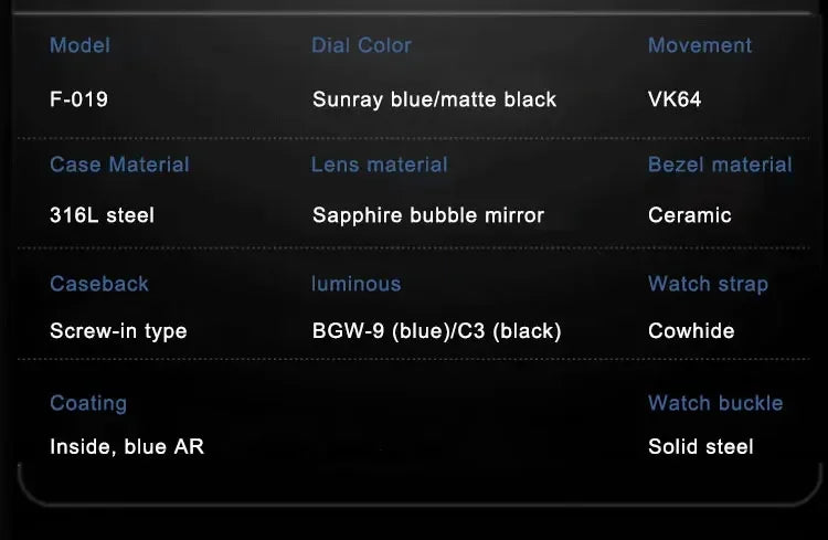 Fifty Fathoms Mod Hruodland Fo19  Chronograph Watch VK64 Quartz AR Sapphire 40MM 10bar