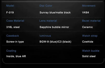 Fifty Fathoms Mod Hruodland Fo19  Chronograph Watch VK64 Quartz AR Sapphire 40MM 10bar