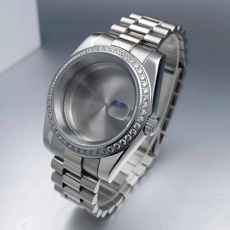 36mm/39mm NH35 Case President Jubile Strap Diamond Bezel Sapphire Glass Mod For NH35 NH36 Movement Watch Case Accessories Parts